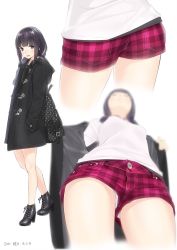 Rule 34 | 10s, 1girl, 2017, alternate costume, ama mitsuki, ass, black eyes, black footwear, black hair, blunt bangs, blurry, braid, breasts, buttons, coat, commentary request, dated, denim, denim shorts, from below, full body, hair over shoulder, hands in pockets, high heels, jacket, kantai collection, kitakami (kancolle), long hair, looking at viewer, multiple views, open clothes, open jacket, open mouth, panties, panty peek, pantyshot, plaid, plaid shorts, red shorts, short shorts, shorts, sidelocks, single braid, small breasts, standing, thighs, underwear, upshorts, white panties, winter clothes, winter coat