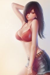 Rule 34 | 1girl, arm up, armpits, bare shoulders, beige background, belt, bikini, bikini top only, black hair, blue shorts, blurry, bracelet, breasts, brown eyes, cleavage, collarbone, cowboy shot, cross, cross necklace, cutoffs, denim, denim shorts, earrings, expressionless, hair over one eye, has bad revision, has downscaled revision, highres, hoop earrings, jewelry, lips, long hair, looking at viewer, md5 mismatch, medium breasts, miura-n315, mole, navel piercing, necklace, original, parted lips, piercing, red bikini, resized, resolution mismatch, shorts, simple background, solo, source smaller, swimsuit, teeth, tsurime, upscaled
