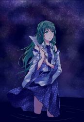 Rule 34 | 1girl, augetsix, bad id, bad pixiv id, dark, detached sleeves, frog hair ornament, gohei, gradient background, green eyes, green hair, hair ornament, hair tubes, japanese clothes, kochiya sanae, long hair, long sleeves, looking away, looking up, matching hair/eyes, miko, night, oonusa, open mouth, partially submerged, shirt, skirt, smile, snake hair ornament, solo, star (sky), touhou, upskirt, water, wide sleeves