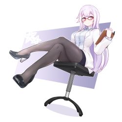 Rule 34 | .live, 1girl, absurdres, black pantyhose, carro pino, chair, commentary request, full body, glasses, highres, looking at viewer, pantyhose, purple eyes, purple hair, simple background, sirotsumekusa, sitting, smile, solo, virtual youtuber, voizerick, white background