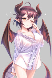Rule 34 | 1girl, ;o, ahoge, blush, breasts, brown eyes, brown hair, cleavage, commentary request, dragon girl, dragon horns, dragon tail, dragon wings, dress shirt, frills, granblue fantasy, grea (shingeki no bahamut), grey background, hair between eyes, hand up, highres, horns, large breasts, long sleeves, looking at viewer, naked shirt, one eye closed, parted lips, pointy ears, shingeki no bahamut, shirt, short hair, solo, tail, tears, tomo (tmtm mf mf), white shirt, wings
