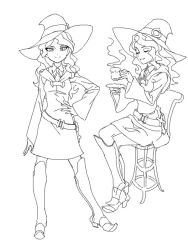 Rule 34 | 10s, 1girl, belt, boots, chair, character sheet, cosmic bear, cup, diana cavendish, closed eyes, greyscale, hand on own hip, hat, holding, holding cup, holding plate, hood, knee boots, crossed legs, lineart, little witch academia, looking at viewer, monochrome, plate, sitting, smile, steam, teacup, wavy hair, wide sleeves, witch hat