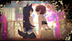 Rule 34 | 2girls, absurdres, alternate costume, alternate hairstyle, animal ears, arknights, back, bench, black camisole, black shorts, blue camisole, blurry, blurry background, camisole, casual, chinese commentary, closed mouth, clothes around waist, detached wings, exusiai (arknights), eyes visible through hair, face-to-face, from behind, halo, holding hands, highres, jacket, jacket around waist, letterboxed, lezhu, long hair, looking at another, midriff, multiple girls, open mouth, orange eyes, ponytail, short hair, short shorts, shorts, sitting, smile, spaghetti strap, tail, texas (arknights), wings, wolf ears, wolf tail, yuri