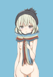 Rule 34 | 1girl, blonde hair, blue background, blush, breasts, female focus, hat, high school fleet, knit hat, murayama kei, naked scarf, nipples, parted lips, pussy, scarf, short hair, simple background, small breasts, solo, tateishi shima