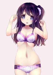 Rule 34 | 1girl, 54hao, :o, arms up, bare arms, bare shoulders, blue eyes, blush, bow, bow bra, bow panties, bra, breasts, cleavage, collarbone, commentary request, cowboy shot, hair between eyes, hair ornament, hair scrunchie, head tilt, highres, lace, lace-trimmed bra, lace-trimmed panties, lace trim, looking at viewer, medium breasts, navel, one side up, open mouth, original, panties, pink background, polka dot, polka dot bra, polka dot panties, purple bra, purple hair, purple panties, purple scrunchie, scrunchie, simple background, solo, tareme, teeth, underwear, underwear only, upper teeth only