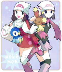 Rule 34 | 00s, 2girls, alternate costume, bag, beanie, black eyes, boots, buneary, coat, creatures (company), dawn (pokemon), dual persona, game freak, gen 4 pokemon, hair ornament, hairclip, hat, hirako, knee boots, kneehighs, long sleeves, multiple girls, nintendo, over-kneehighs, pink footwear, piplup, pokemon, pokemon (creature), pokemon adventures, pokemon dppt, poketch, red scarf, scarf, skirt, socks, thighhighs, watch, white scarf, winter clothes, winter coat, wristwatch