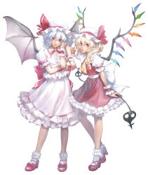 Rule 34 | 2girls, arm support, bat wings, blonde hair, blue hair, bobby socks, bow, female focus, flandre scarlet, full body, hat, hat ribbon, holding, laevatein, lips, long hair, looking at viewer, mary janes, matsuda (matsukichi), multiple girls, red eyes, remilia scarlet, ribbon, shoes, short hair, siblings, side ponytail, simple background, sisters, skirt, socks, touhou, white background, wings, wrist cuffs