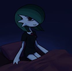 Rule 34 | 1girl, bed, bed sheet, black shirt, blue background, bottomless, creatures (company), female focus, game freak, gardevoir, gen 3 pokemon, green hair, hair over one eye, indoors, kurozu (clarion), looking at viewer, looking to the side, night, nintendo, pillow, pokemon, pokemon (creature), pokemon rse, red eyes, shirt, short hair, short sleeves, simple background, sitting, smile, solo, teeth, torn clothes, torn shirt
