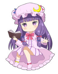 Rule 34 | 1girl, :&lt;, \||/, blunt bangs, blush, book, chibi, crescent, crescent hat ornament, crys (dai), dress, foreshortening, full body, hat, hat ornament, highres, holding, holding book, long hair, mob cap, open book, patchouli knowledge, pink dress, purple eyes, purple hair, simple background, solo, touhou, v-shaped eyebrows, very long hair, white background
