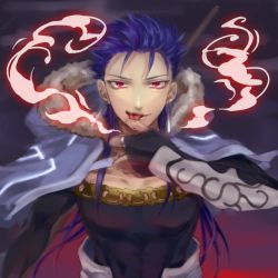 Rule 34 | 1boy, blue hair, capelet, cu chulainn (fate), cu chulainn (caster) (fate), earrings, fate/grand order, fate (series), licking finger, fire, fur-trimmed hood, fur trim, grin, hood, hood down, hooded capelet, jewelry, cu chulainn (fate/stay night), licking, long hair, looking at viewer, male focus, muscular, open mouth, red eyes, sigshi, skin tight, smile, solo, spiked hair, tongue, tongue out, type-moon, vambraces