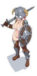 Rule 34 | 1girl, abs, amulet, armored boots, bikini, blush stickers, boots, breasts, closed mouth, commentary, dovahkiin, dovakini-chan (nisetanaka), fake horns, female pubic hair, full body, gauntlets, heart-shaped pubic hair, helmet, highres, holding, holding shield, holding sword, holding weapon, horned helmet, horns, jewelry, large breasts, muscular, muscular female, navel, necklace, nisetanaka, no pupils, orange hair, ponytail, pubic hair, shaped pubic hair, shield, simple background, smile, solo, stomach, string bikini, swimsuit, sword, symbol-only commentary, the elder scrolls, the elder scrolls v: skyrim, weapon, white background, white bikini, white eyes