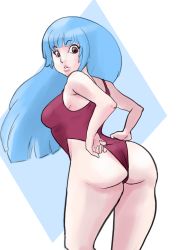 Rule 34 | 1girl, ass, bad id, bad tumblr id, blue hair, blunt bangs, breasts, brown eyes, competition swimsuit, kula diamond, large breasts, long hair, looking back, one-piece swimsuit, radio toy, solo, swimsuit, the king of fighters