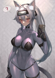 Rule 34 | 1girl, ?, absurdres, animal ears, black gloves, blush, bodysuit, bra over clothes, breasts, bustier, cat ears, cat tail, cellphone, choker, contrapposto, covered collarbone, covered navel, cowboy shot, gloves, grey hair, hair between eyes, headband, highres, hitowa, impossible bodysuit, impossible clothes, large breasts, long hair, looking at viewer, o-ring, o-ring choker, original, panties over bodysuit, parted lips, phone, ponytail, red eyes, selfie, smartphone, solo, tail, thought bubble, tsurime, very long hair, wide hips
