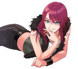 Rule 34 | 1girl, aqua eyes, bang dream!, black pants, fingernails, fur trim, grin, hand on own face, hand up, kotneciii, long hair, looking at viewer, lying, midriff, pants, red hair, simple background, smile, solo, udagawa tomoe, white background