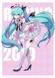 Rule 34 | 1girl, aqua hair, character name, closed mouth, company name, copyright name, crossed legs, english text, eyebrows hidden by hair, floating hair, full body, goodsmile racing, hair between eyes, hands up, hatsune miku, heart, high heels, highres, kusunokimizuha, leaning forward, looking at viewer, midriff, multicolored hair, pink background, pink hair, pink ribbon, race queen, racing miku, racing miku (2019), ribbon, simple background, smile, solo, standing, streaked hair, text print, thighhighs, twintails, vocaloid, white thighhighs