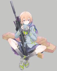 Rule 34 | 1girl, bike shorts, blonde hair, bolt action, commentary, full body, fuyuno haruaki, grey background, gun, indian style, little armory, pleated skirt, purple eyes, remington model 700, rifle, scarf, school uniform, shoes, short hair, sitting, skirt, sneakers, sniper rifle, solo, suppressor, tomytec, weapon