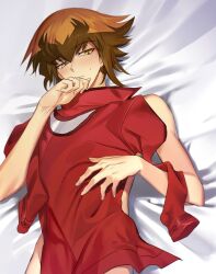 Rule 34 | 1boy, blush, brown eyes, brown hair, cocaduel, covered abs, hand on own face, highres, jacket, looking down, male focus, nude, on bed, red jacket, short hair, solo, sweatdrop, yu-gi-oh!, yu-gi-oh! gx, yuki judai