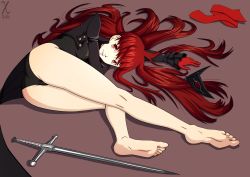 Rule 34 | 1girl, absurdres, alternate hairstyle, barefoot, black jacket, black leotard, breasts, feet, female focus, gloves, highres, jacket, leotard, long hair, looking at viewer, lying, on side, persona, persona 5, persona 5 the royal, rapier, red eyes, red gloves, red hair, signature, soles, solo, sword, thighs, toes, very long hair, weapon, x xith x, yoshizawa kasumi
