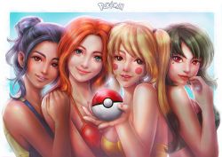 Rule 34 | 4girls, artist name, back-to-back, bikini, bikini top only, black hair, black nails, blonde hair, blush stickers, breasts, brown eyes, bulbasaur, charmander, closed mouth, commentary, copyright name, creatures (company), dark-skinned female, dark skin, earrings, from side, game freak, gen 1 pokemon, girl sandwich, green hair, hand on another&#039;s shoulder, head tilt, highres, holding, holding poke ball, jewelry, medium breasts, multiple girls, nail polish, nintendo, orange hair, outside border, parted bangs, parted lips, personification, pikachu, poke ball, poke ball (basic), pokemon, ponytail, realistic, red bikini, red eyes, sandwiched, short ponytail, smile, spiderwee, squirtle, starter pokemon trio, swimsuit, upper body