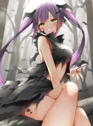 Rule 34 | 1girl, bat hair ornament, black shirt, black skirt, blush, breasts, commentary request, crossed legs, damaged, earrings, green eyes, grin, hair between eyes, hair ornament, halloween, highres, hololive, jewelry, looking at viewer, medium breasts, outdoors, pepushi drow, purple hair, shirt, sitting, skirt, smile, solo, tokoyami towa, twintails, virtual youtuber