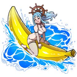 Rule 34 | 1girl, akairiot, anchor choker, ass, banana boat, barefoot, bikini, blue hair, blue nails, blush, body writing, breasts, butt crack, cleavage, collarbone, detached sleeves, fishnet sleeves, fishnet thighhighs, fishnets, iru may (akairiot), large breasts, long hair, looking at viewer, nail polish, open mouth, original, ponytail, purple eyes, sidelocks, smile, soles, solo, steering wheel, swimsuit, thighhighs, transparent background, water