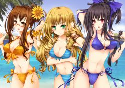Rule 34 | 3girls, :o, bad id, bad pixiv id, beach, bikini, black hair, blonde hair, blush, bow, breast hold, breasts, brown eyes, brown hair, cleavage, drill hair, flower, front-tie top, glasses, goushou, green eyes, hair bow, hair bun, hair flower, hair ornament, large breasts, long hair, looking at viewer, multiple girls, navel, o-ring, o-ring bottom, o-ring top, open mouth, original, ponytail, red eyes, single hair bun, striped bikini, striped clothes, sunflower, swimsuit, thigh gap