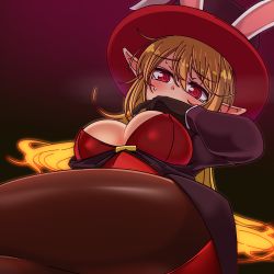 Rule 34 | 1girl, animal ears, black background, blonde hair, blush, dress, dungeon and fighter, embarrassed, fortuneteller rosaura, glowing, glowing hair, hand on own face, hat, lying, on back, pantyhose, rabbit ears, red dress, solo, sss (komojinos3), thighhighs, top hat, upper body