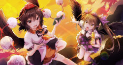 Rule 34 | 2girls, absurdres, arms up, bird wings, black neckwear, black socks, blurry, bokeh, breasts, brown hair, cellphone, checkered clothes, checkered skirt, depth of field, feathered wings, flip phone, flying, foot out of frame, geta, hair between eyes, hair ribbon, hat, highres, himekaidou hatate, holding, holding notebook, holding pen, kneehighs, knees together feet apart, looking at another, looking at viewer, medium breasts, mountain, multiple girls, neck ribbon, necktie, notebook, open mouth, oubou, outdoors, outstretched arm, pen, phone, pom pom (clothes), puffy short sleeves, puffy sleeves, purple footwear, purple headwear, purple skirt, red eyes, red headwear, ribbon, shameimaru aya, shirt, short hair, short hair with long locks, short sleeves, skirt, sky, socks, teeth, tengu-geta, tokin hat, touhou, touhou lostword, twilight, two-tone skirt, two side up, upper teeth only, white shirt, wings, yellow eyes, yellow sky