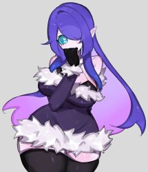 Rule 34 | 1girl, bare shoulders, black bra, black gloves, black thighhighs, blue sclera, blush, bra, breasts, cardelia (froofroofroosty), cleavage, colored sclera, colored skin, curvy, fur trim, gloves, green eyes, highres, large breasts, looking at viewer, mole, mole under eye, multicolored hair, navel, one eye covered, original, pointy ears, purple hair, purple skin, sidelocks, smile, solo, thick thighs, thighhighs, thighs, togetoge, underwear, wide hips, zettai ryouiki
