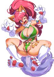 Rule 34 | 1girl, absurdres, animal ears, animal hands, ass, blush, breasts, cat ears, cat tail, cleavage, cleavage cutout, closed mouth, clothing cutout, fangs, gloves, happy, highres, huge ass, large breasts, legs apart, leotard, long hair, looking at viewer, navel, navel cutout, one eye closed, open mouth, partially visible vulva, perisie (star ocean), pink hair, ponytail, red eyes, ryoi, shiny clothes, shiny skin, simple background, smile, solo, star ocean, star ocean first departure, tail, thong leotard, white background, wink