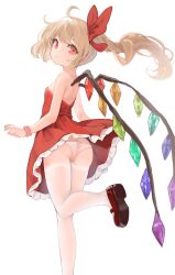 Rule 34 | 1girl, absurdres, ahoge, ass, blonde hair, breasts, brown footwear, closed mouth, crystal, dress, female focus, flandre scarlet, foot out of frame, frilled dress, frills, hair between eyes, highres, long hair, looking at viewer, looking back, one side up, panties, red dress, red eyes, revision, shoes, simple background, small breasts, smile, solo, strapless, strapless dress, touhou, underwear, wangyq, white background, white panties, wings