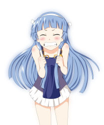 Rule 34 | 00s, 1girl, blue hair, blunt bangs, blush, clenched hand, clenched hands, closed eyes, embarrassed, grimace, hair ornament, hair tubes, hairband, kannagi, long hair, miniskirt, nagi, pleated skirt, skirt, solo, tank top, usakou, white skirt