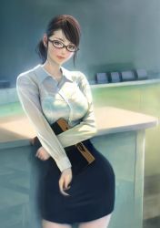 Rule 34 | 1girl, black-framed eyewear, black eyes, black skirt, breasts, buttons, chalkboard, classroom, collar, collared shirt, desk, formal, glasses, indoors, large breasts, leaning back, lips, long hair, long sleeves, looking at viewer, mujiha, nose, original, pencil skirt, realistic, school, see-through, shirt, skirt, skirt suit, solo, standing, suit, swept bangs, teacher, underwear, white shirt