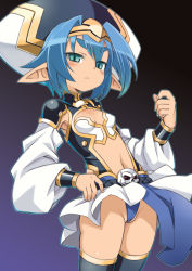 Rule 34 | 1girl, belt buckle, black thighhighs, blue hair, bracer, breasts, buckle, cameltoe, center opening, cleft of venus, cowboy shot, detached sleeves, forehead protector, green eyes, hand on own hip, hat, hellmatio, highres, looking at viewer, miniskirt, nada haruka, partially visible vulva, pointy ears, shinrabanshou, short hair, shoulder pads, skirt, skull, slit pupils, small breasts, solo, textless version, thighhighs, wedgie