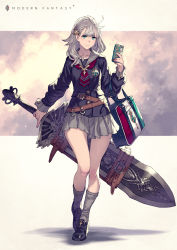 Rule 34 | 1girl, bag, belt, black footwear, brown belt, cellphone, closed mouth, cloud, cloudy sky, commentary request, full body, green eyes, grey hair, grey socks, hair ornament, handbag, highres, holding, holding phone, holding sword, holding weapon, huge weapon, kneehighs, kusano shinta, long hair, long sleeves, looking at viewer, neckerchief, original, phone, pleated skirt, red neckerchief, revision, sailor collar, school uniform, skirt, sky, smartphone, smile, socks, solo, standing, striped, striped neckerchief, sword, title, weapon, yellow background