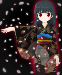 Rule 34 | black hair, cherry blossoms, enma ai, japanese clothes, jigoku shoujo, kimono, long hair, miracle!, petals, red eyes, solo