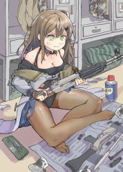Rule 34 | 1girl, absurdres, assault rifle, bare shoulders, black gloves, black shirt, breasts, brown hair, cabinet, camouflage, camouflage jacket, cleaning, cleaning weapon, cleavage, closed mouth, daewoo k2, fingerless gloves, full body, girls&#039; frontline, gloves, green eyes, gun, hair ornament, hairpin, highres, holding, holding gun, holding weapon, indoors, jacket, k2 (girls&#039; frontline), long hair, long sleeves, military, military uniform, newspaper, pantyhose, planyaria, shirt, side ponytail, sitting, solo, sweat, toes, uniform, wd-40, weapon, white jacket