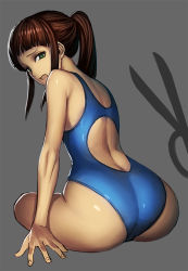 Rule 34 | 10s, 1girl, ass, bad id, bad pixiv id, blue one-piece swimsuit, blunt bangs, competition swimsuit, from behind, green eyes, grey background, k2shh, long hair, looking at viewer, looking back, miyamoto ruri, nisekoi, one-piece swimsuit, ponytail, scared, scissors, silhouette, solo, swimsuit