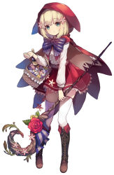 Rule 34 | 1girl, basket, blonde hair, boots, bow, cape, carrying, character request, copyright request, cross-laced footwear, eyebrows, flower, flower basket, full body, green eyes, grimms notes, hair flower, hair ornament, holding, hood, hosato mikine, knee boots, lace-up boots, little red riding hood (grimm), long sleeves, official art, short hair, simple background, skirt, solo, staff, thighhighs, white background, white thighhighs