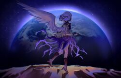 Rule 34 | 1girl, angel wings, ass, blurry, boots, braid, breasts, earth (planet), feathered wings, french braid, from behind, highres, jacket, kishin sagume, kneepits, long sleeves, looking afar, looking ahead, medium breasts, moon, one-hour drawing challenge, planet, ribbon, shadow, shouxishao jiuyuan, single wing, sky, solo, space, star (sky), starry sky, touhou, wings, zoom layer