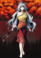 Rule 34 | 1girl, autumn leaves, barefoot, blood, bloody weapon, blouse, breasts, cleaver, clenched hand, detached sleeves, hidden star in four seasons, highres, large breasts, long hair, looking at viewer, nata (tool), open mouth, red eyes, sakata nemuno, shirt, silver hair, single strap, skirt, smile, solo, touhou, tree, very long hair, wavy hair, weapon, zioase