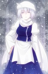 Rule 34 | 1girl, crote, dress, female focus, hand on own hip, hat, highres, hip focus, letty whiterock, light purple hair, purple eyes, short hair, snowing, solo, touhou