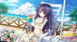Rule 34 | 1girl, beach, bikini, bird, black hair, blue sky, book, bow, breasts, bush, chair, cleavage, cloud, coconut, coconut tree, collarbone, cup, day, drink, drinking glass, drinking straw, film grain, floral print, flower, folding chair, food, front-tie bikini top, front-tie top, fruit, game cg, hat, hibiscus, holding, holding cup, holding drinking straw, horizon, ichikishima mizuha, izumi tsubasu, large breasts, lemon, lemon slice, lens flare, long hair, non-web source, ocean, official art, open book, palm tree, pole, purple bow, purple eyes, railing, re:stage!, sarong, seagull, seashell, shell, sky, smile, solo, sparkle, star (symbol), starfish, stomach, straw hat, sun, swimsuit, table, tree, white bikini, white sarong, wooden floor, wooden railing