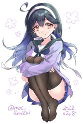 Rule 34 | 1girl, black hair, black thighhighs, blue hair, blue neckerchief, blue sailor collar, dated, full body, gradient hair, hair between eyes, hairband, highres, kantai collection, long hair, long sleeves, mot zenzai, multicolored hair, neckerchief, no shoes, official alternate costume, one-hour drawing challenge, orange eyes, sailor collar, simple background, solo, thighhighs, twitter username, ushio (kancolle), white background, white hairband