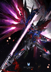 Rule 34 | absurdres, afterimage, artist name, brayanong999, character name, commentary, destiny gundam spec ii, energy sword, energy wings, english text, explosion, glowing, glowing eyes, green eyes, gundam, gundam seed, gundam seed freedom, highres, holding, holding sword, holding weapon, light particles, logo, looking at viewer, mecha, mobile suit, moon, no humans, robot, science fiction, solo, space, star (sky), sword, v-fin, watermark, weapon