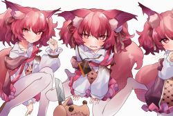 Rule 34 | 1girl, animal ear fluff, animal ears, arknights, blush, closed mouth, commentary request, dress, fang, hair between eyes, hand up, heart, heart-shaped pupils, highres, long sleeves, looking at viewer, multiple views, no shoes, open mouth, pantyhose, puffy long sleeves, puffy sleeves, red eyes, red hair, shamare (arknights), simple background, sitting, stuffed animal, stuffed dog, stuffed toy, symbol-shaped pupils, tail, takumi mizuki, torn clothes, torn sleeves, twintails, wariza, wavy mouth, white background, white dress, white pantyhose