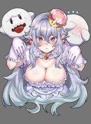 Rule 34 | 1girl, :&lt;, bad id, bad pixiv id, blush, boo (mario), breasts, cleavage, covering face, crown, dress, earrings, flying sweatdrops, frilled dress, frilled gloves, frills, ghost, ghost pose, gloves, jewelry, kabu (niniko2ko), large breasts, long hair, looking at viewer, luigi&#039;s mansion, mario (series), mini crown, new super mario bros. u deluxe, nintendo, pink eyes, pointy ears, princess king boo, puffy short sleeves, puffy sleeves, short sleeves, silver hair, simple background, solo, super crown, sweatdrop, tilted headwear, tongue, tongue out, wavy mouth, white dress, white gloves
