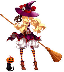Rule 34 | 1girl, bare shoulders, belt, black cat, blonde hair, bloomers, blue eyes, blue hair, broom, brown footwear, cat, full body, hair ornament, halloween, hat, jack-o&#039;-lantern, matching hair/eyes, migikiki, original, pantyhose, patterned legwear, pumpkin, shirt, shoes, skirt, skull, skull hair ornament, sleeveless, solo, standing, strapless, striped clothes, striped pantyhose, striped shirt, thighhighs, tube top, underwear, white background, witch, witch hat