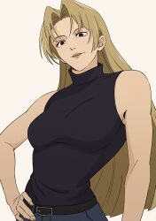 Rule 34 | 1girl, belt, black shirt, blonde hair, brown eyes, commentary, cowboy shot, denim, english commentary, from below, hand on own hip, highres, jeans, jujutsu kaisen, long hair, looking down, lowrri, open mouth, pants, parted bangs, shirt, simple background, sleeveless, sleeveless turtleneck, smile, solo, teeth, tsukumo yuki (jujutsu kaisen), turtleneck, upper teeth only