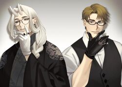 Rule 34 | 1600pommsky, 2boys, black-framed eyewear, black gloves, black jacket, black kimono, black sclera, black vest, braid, brown eyes, brown hair, closed mouth, collared shirt, colored sclera, curtained hair, facial mark, floral print, glasses, gloves, grey background, hair over shoulder, hand to own mouth, haori, highres, horns, jacket, japanese clothes, jewelry, kashima (1600pommsky), kimono, long hair, looking at viewer, male focus, mole, mole under eye, multiple boys, multiple rings, oni horns, original, parted bangs, parted lips, pointy ears, ring, round eyewear, semi-rimless eyewear, shirt, short hair, single braid, sleeves rolled up, smile, under-rim eyewear, upper body, vest, white gloves, white hair, white horns, white shirt, yellow eyes, yomi (1600pommsky)